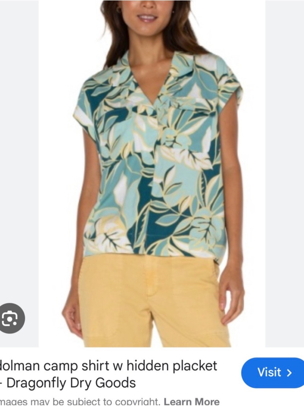 Liverpool Teal and Mint Leaf-Print Camp Blouse